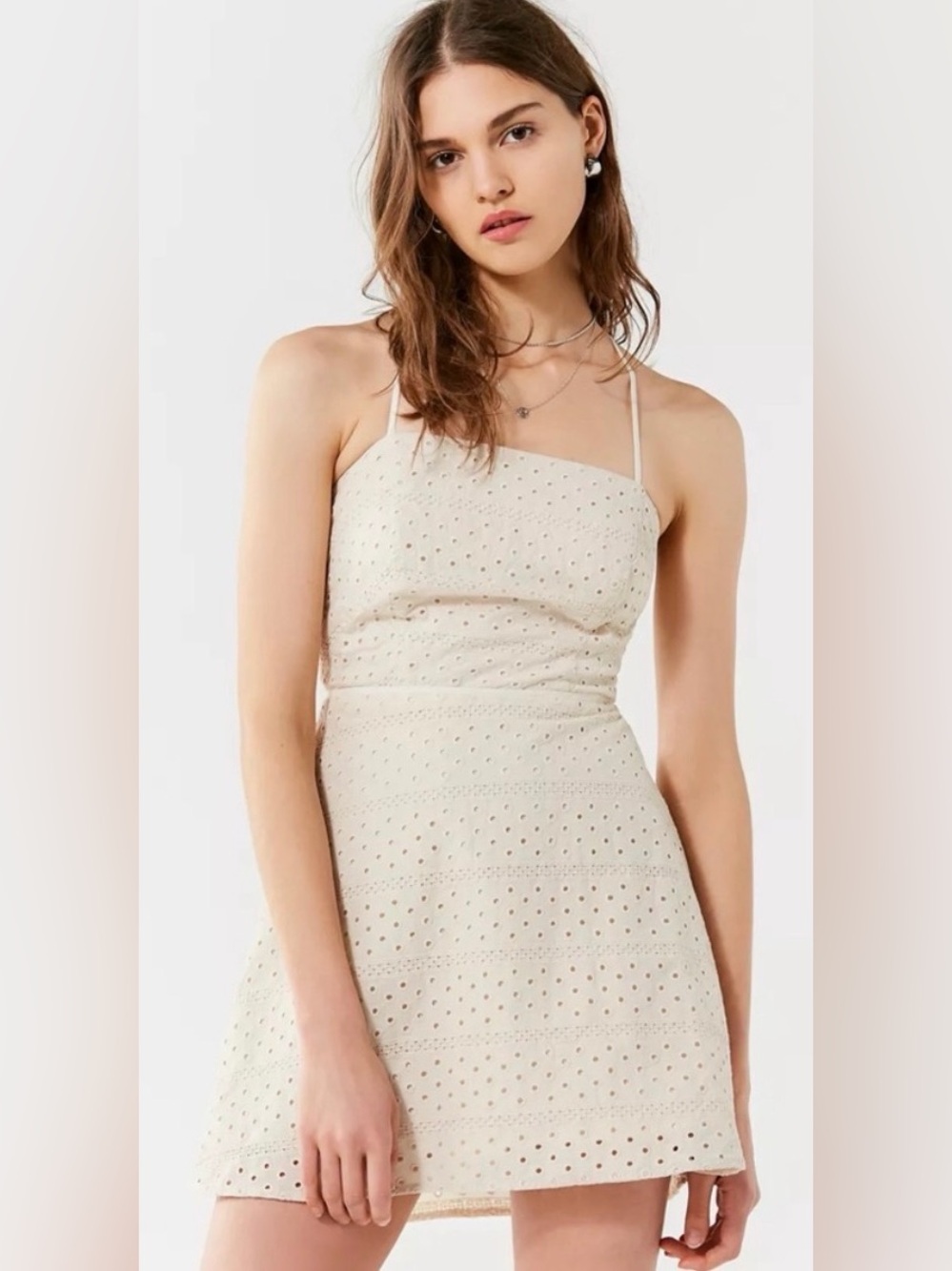 Urban Outfitters Twin Leaf Eyelet Mini Dress Open Back Lace up in Cream